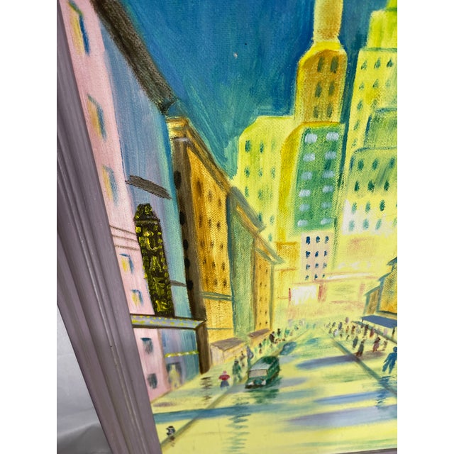 1970s Whimsical Mid-Century Modern Cityscape Painting in Lavender Frame For Sale - Image 11 of 11