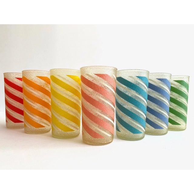 Vintage Mid Century Modern Candy Stripe Multicolor Frosted Tumbler Glasses- Set of 7 For Sale - Image 4 of 13