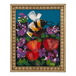 Original Painting Bumblebee and Flowers on Canvas Gold Frame For Sale