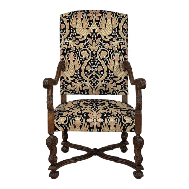 19th Century French Renaissance Revival Hand Carved Oak Armchair For Sale