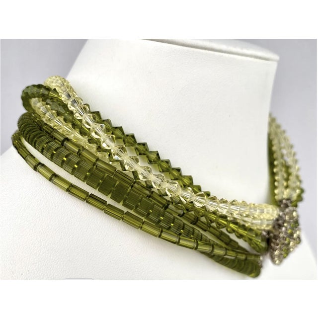 Mid-Century Modern Mid Century Multi Strand Green and Clear Beaded Necklace With Cluster Clasp For Sale - Image 3 of 8