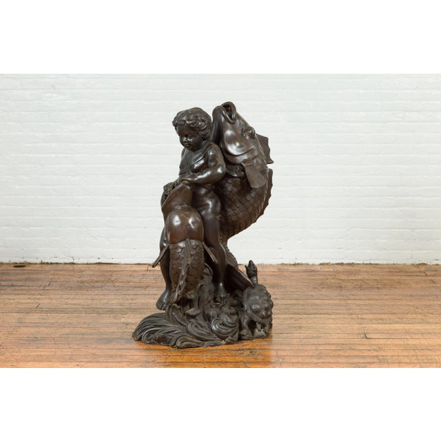 Metal Mid 20th Century Greco-Roman Style Bronze Putto Riding a Dolphin Fountain For Sale - Image 7 of 13