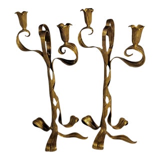 Pair of 1950s Edward F. Caldwell & Co. Brass Art Nouveau Style Candlesticks For Sale