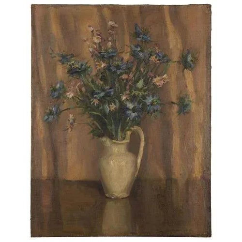 An original early 20th-century oil painting, George Mortram Moorhouse, 'Love-in-a-Mist' Flowers Still Life.A lovely early...