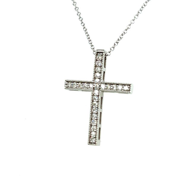 Silver Natural Diamond Cross Pendant with Chain 17" 14k W Gold 0.25 CT Certified For Sale - Image 8 of 14