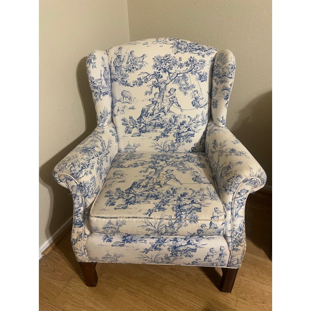 1980s Traditional Blue & White Toile Wingback Accent Chair For Sale - Image 4 of 12