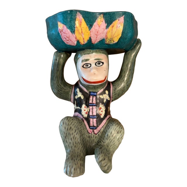 Mid 20th Century Chinese Porcelain Monkey in Floral Vest Holding a Lotus Bowl For Sale