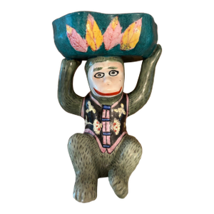 Mid 20th Century Chinese Porcelain Monkey in Floral Vest Holding a Lotus Bowl