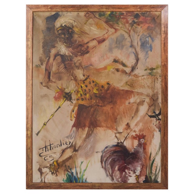African Dancing Warrior with Cockerel, Mid-20th Century, Oil on Canvas For Sale