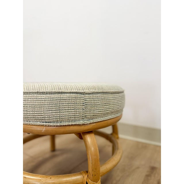 Mid 20th Century Vintage MCM Ottoman Beige Cushion Honey Rattan Coastal Stool Hollywood Regency For Sale - Image 5 of 5