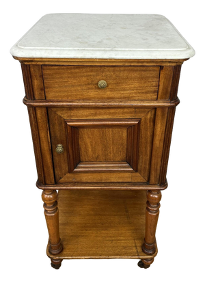 Antique French Walnut Bedside Table with Marble Top