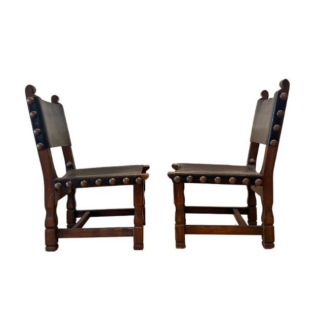 Wood Pair of Vintage Spanish Brutalist Leather & Oak Accent Chairs For Sale - Image 7 of 13