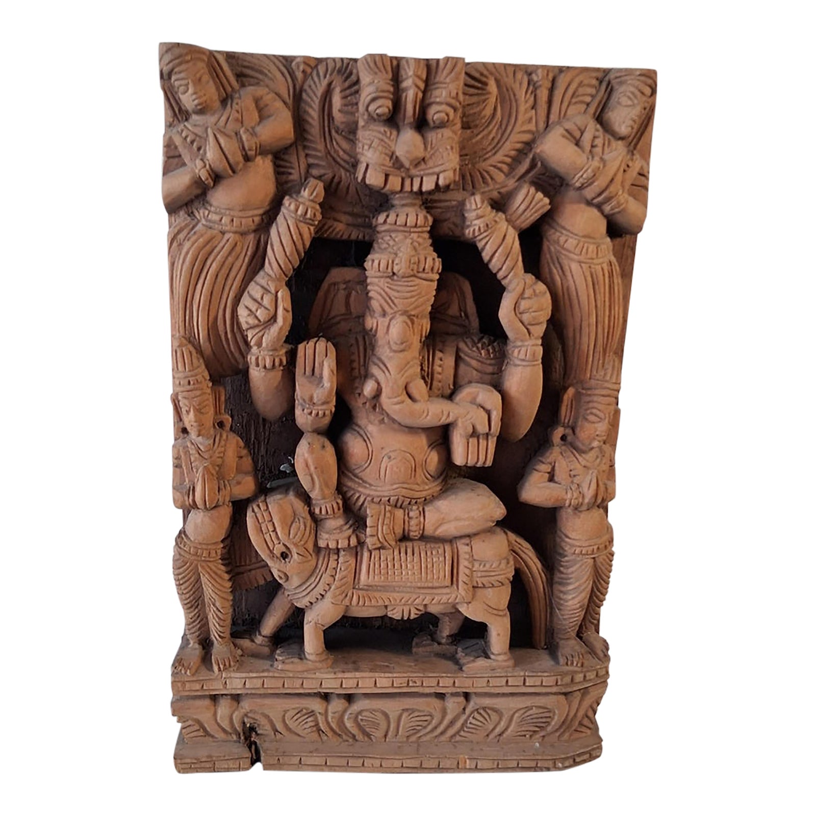 Rare Hand-Carved Hindu Ganesha Riding a Tiger Wall Panel | Chairish
