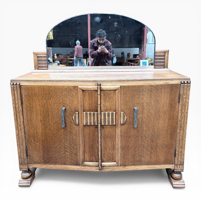 Modern Arts & Crafts Oak Dresser or Sideboard with Mirror For Sale - Image 3 of 9