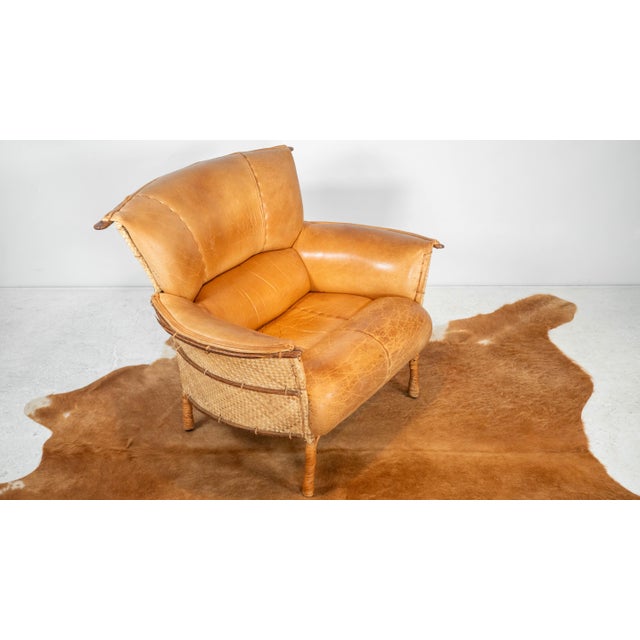 Animal Skin Pacific Green 'Navajo' Cognac Leather & Rattan Lounge Chair For Sale - Image 7 of 18