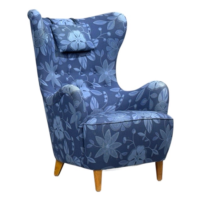 Danish Modern, Wingback Chair, Blue Fabric, Wood, Denmark, 1940s For Sale