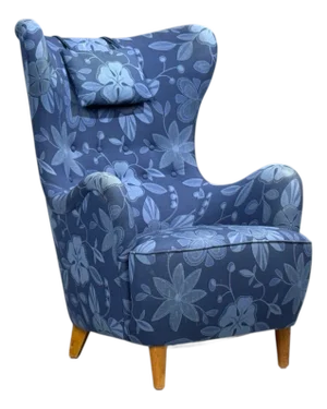 Danish Modern, Wingback Chair, Blue Fabric, Wood, Denmark, 1940s