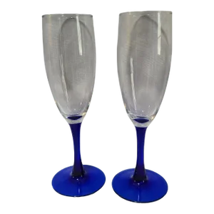 Vintage Luminarc French Cobalt Blue Stem Flute Champagne Glasses- a Pair