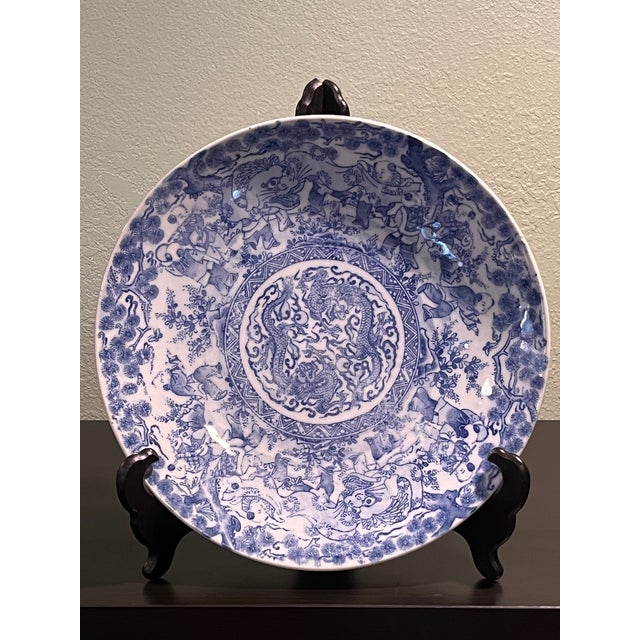 Vintage Chinese Blue & White Porcelain Dragon Platter 12" Charger Plate Lions For Sale - Image 4 of 7