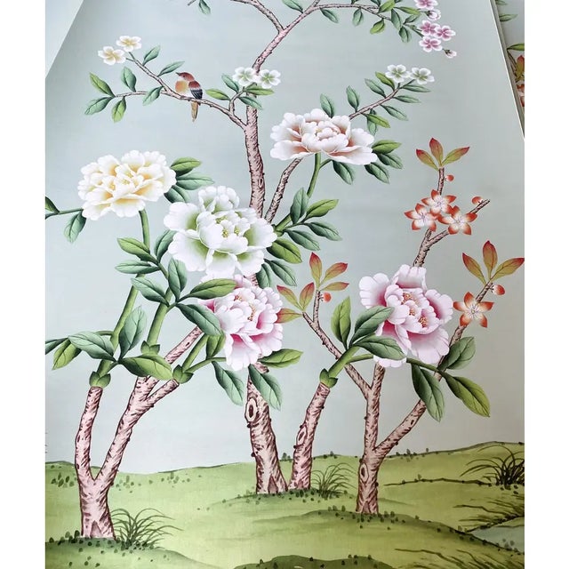 30"*60"/Panel, Handmade Aqua Green Chinoiserie Wall Art, No Frame, Tea Paper For Sale - Image 4 of 8