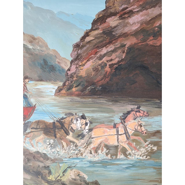 1960s Vintage 1960s Americana Folk Art Oil Painting Wild West Stagecoach & Horses For Sale - Image 5 of 16