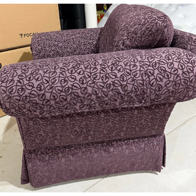 Elegant Purple Chenille Armchair With Leaf Pattern For Sale - Image 6 of 8