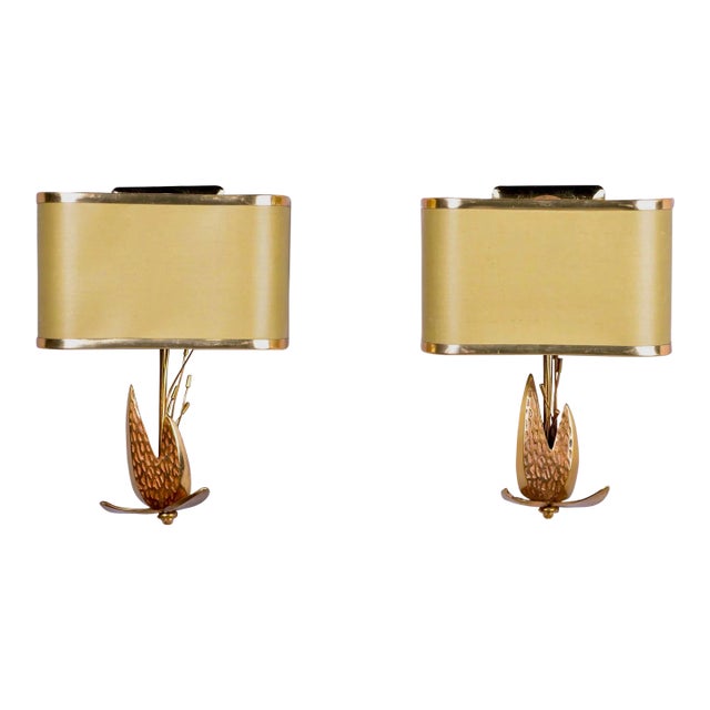 Pair Brass Lotus Wall Sconces With Shades Attributed to Maison Charles For Sale