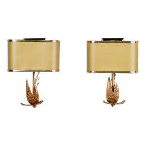 Pair Brass Lotus Wall Sconces With Shades Attributed to Maison Charles