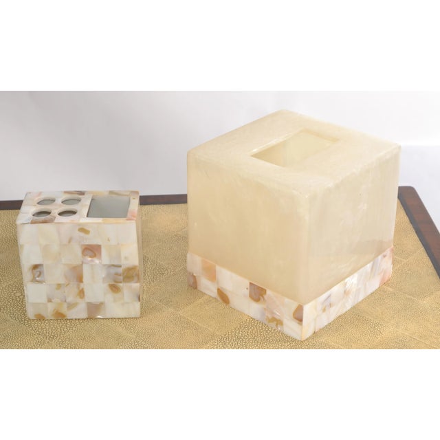 Natural Capiz Shell Acrylic Tissue Box Cover Toothbrush Holder Countertop Accessories For Sale - Image 11 of 12