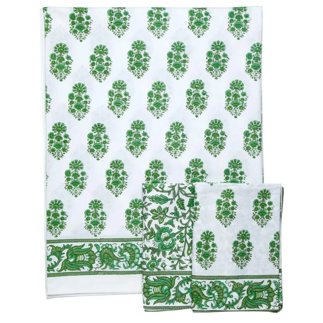 Indian Riya Twin-XL Bed Green Flat Sheet For Sale - Image 3 of 8
