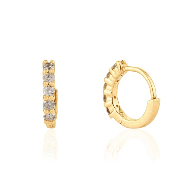Metal Contemporary Natural Diamond Huggie Hoop Earrings in 18k Yellow Gold- A Pair For Sale - Image 7 of 14