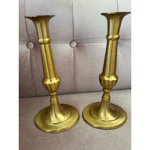 Mid-Century Modern Pair of Vintage Solid Brass Candlesticks Holders For Sale - Image 3 of 8