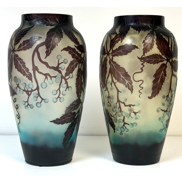 Pair of Stunning French Cameo Glass Vases in the Style of Gallé For Sale - Image 9 of 14