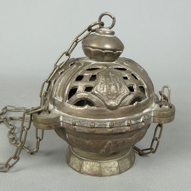 Antique Handcrafted Embossed Brass Thurible Sacred Censer, Early 1900s For Sale - Image 3 of 12