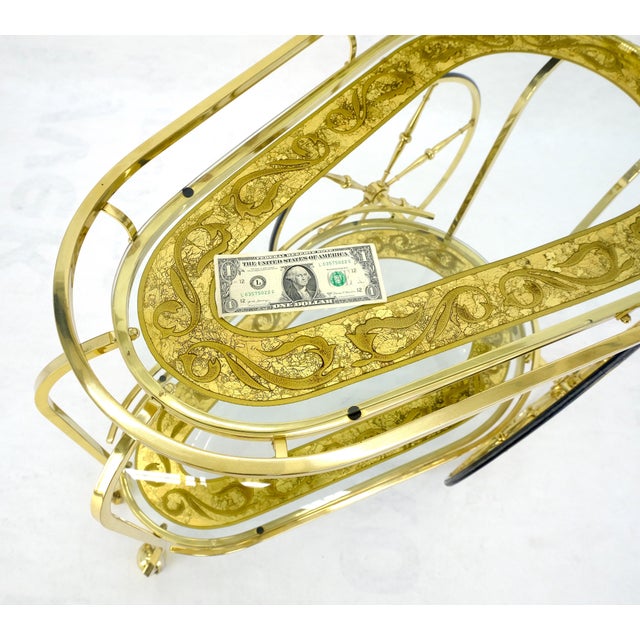 Brass Etched Glass Mid Century Modern Serving Bar Cart Wagon Style Wheels MINT For Sale - Image 10 of 14