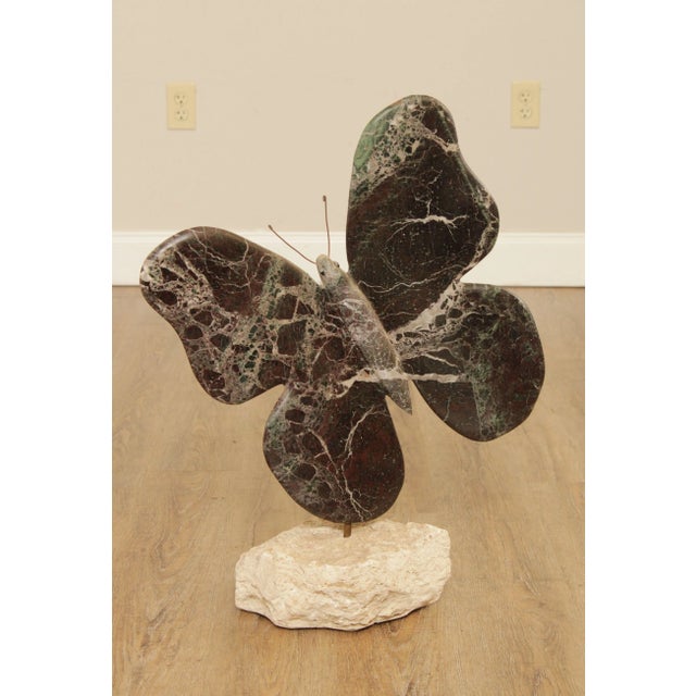 High Quality Artist Crafted Carved Marble Sculpture of a Butterfly on Travertine Base Signed Richard Bailey