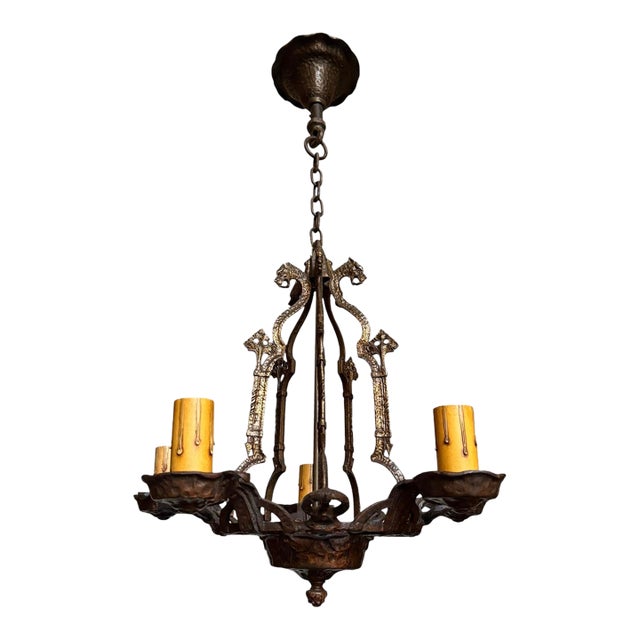 Early 20th Century Spanish Revival Gargoyle Chandelier in Bronze Original Patina For Sale