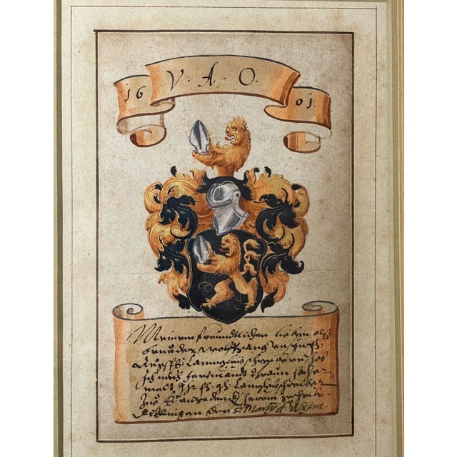 Figurative Antique Original 1601 Latin Armorial Coat of Arms Heraldic Painting Manuscript For Sale - Image 3 of 11