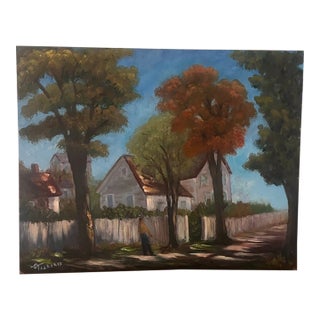Original Signed Landscape Oil Painting Autumn Village Trees Country Scene For Sale