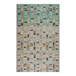 1920s Turquoise-Green Antique Besserabian Kilim Rug 7'9" X 12'4" Flatweave Wool Carpet For Sale