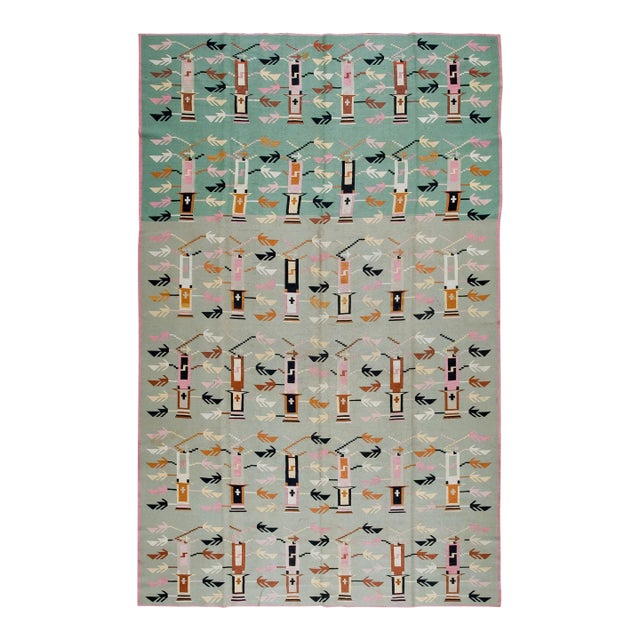 1920s Turquoise-Green Antique Besserabian Kilim Rug 7'9" X 12'4" Flatweave Wool Carpet For Sale