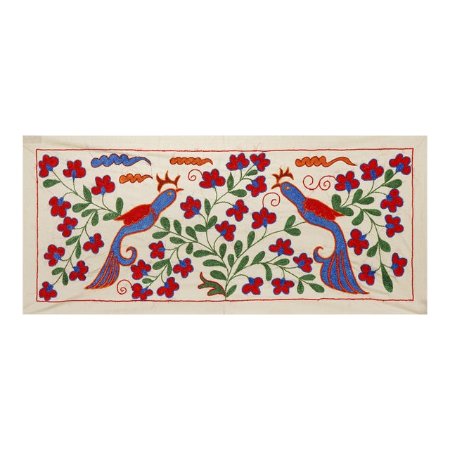 Floral Suzani Embroidery - Handmade Bird Table Runner and Wall Art 1'5'' X 3'1'' For Sale