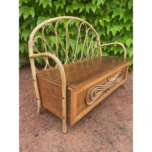 Mid-Century Modern Wooden and Rattan Children's Bench, 1950s For Sale - Image 3 of 10