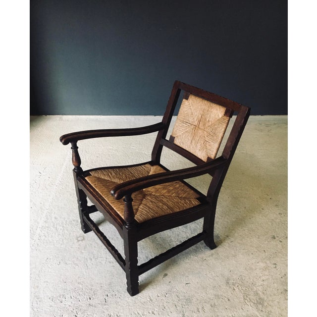 Vintage Early 20th Century Arts & Crafts Style Design Handcrafted Oak & Rush Low Lounge Armchair. Made in Belgium, 1920's...