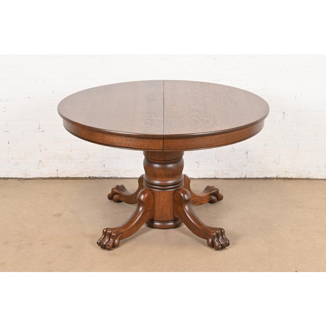 R. J. Horner Style Antique Victorian Oak Pedestal Extension Dining Table With Lion Paw Feet, Newly Refinished For Sale - Image 12 of 12