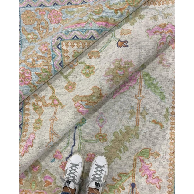 Textile Modern Handknotted Oushak Rug in Bold Pink, Green & Orange with Blue Border, 5' x 7' For Sale - Image 7 of 9