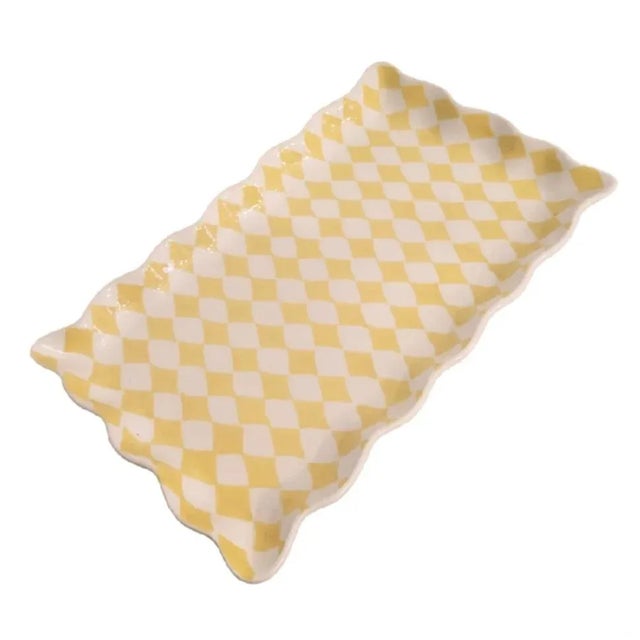 Vintage Yellow White Ceramic Diamond Scalloped Edge Large Serving Platter For Sale - Image 9 of 9