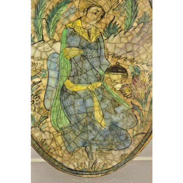 Persian Antique Persian Iznik Qajar Style Ceramic Pottery Oval Tile Kneeling Woman C3 For Sale - Image 3 of 11