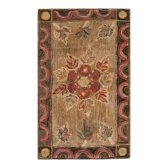 1900s Brown Floral Antique Fan Arc Border American Folk Art Hooked Small Rug For Sale