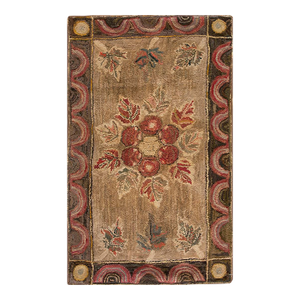 Extraordinary Brown and Red Maroon Color Floral Bouquet Pattern Antique American Hooked Rug